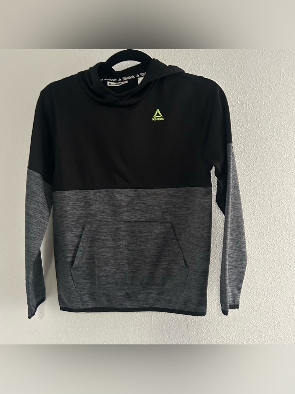Reebok Two-Tone Black and Heather Gray Hoodie with Neon Logo